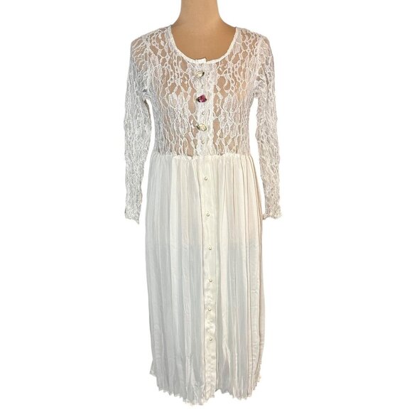 Vintage 90s Lace Midi Dress Sz.M Ivory Pleated Sheer Prairie Cottage Romantic - Picture 2 of 15